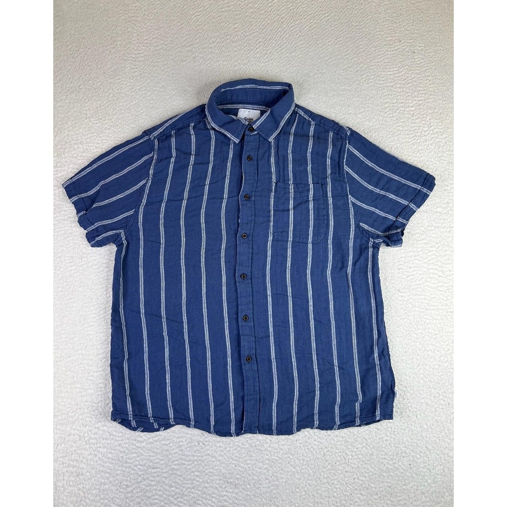 Katin Shirt Men's XL Blue Striped Short Sleeve Button Up Cotton Linen Blend